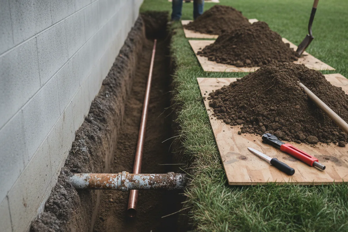 Excavated water line trench during Water Softener Installation in East Worcester